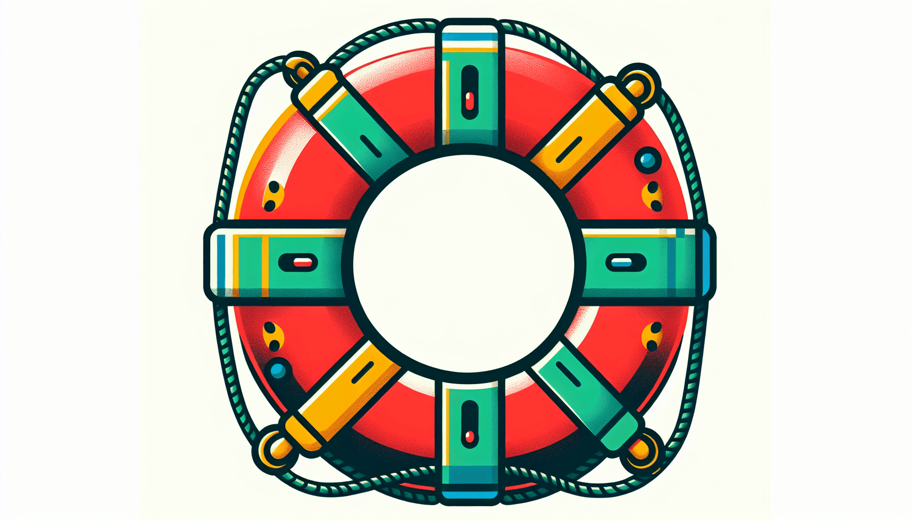 Lifebuoy in flat illustration style and white background, red #f47574, green #88c7a8, yellow #fcc44b, and blue #645bc8 colors.