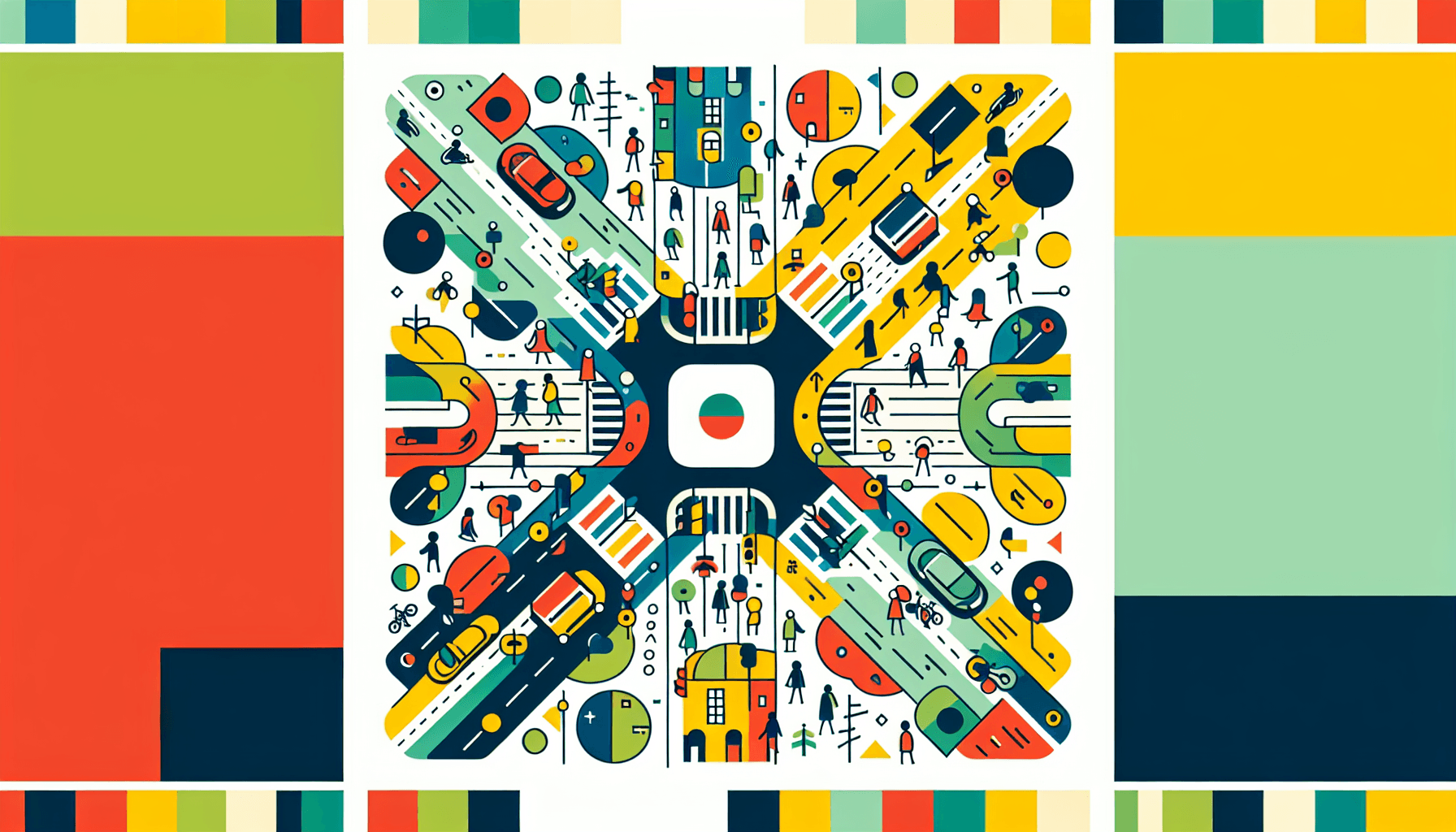 Crossroads in flat illustration style and white background, red #f47574, green #88c7a8, yellow #fcc44b, and blue #645bc8 colors.