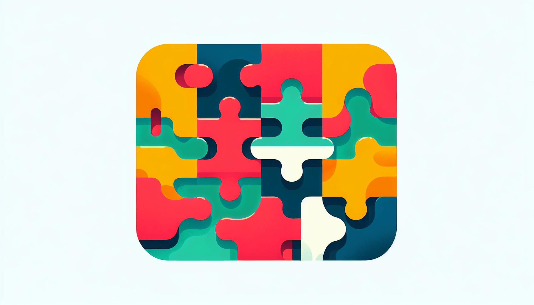 Puzzle in flat illustration style and white background, red #f47574, green #88c7a8, yellow #fcc44b, and blue #645bc8 colors.