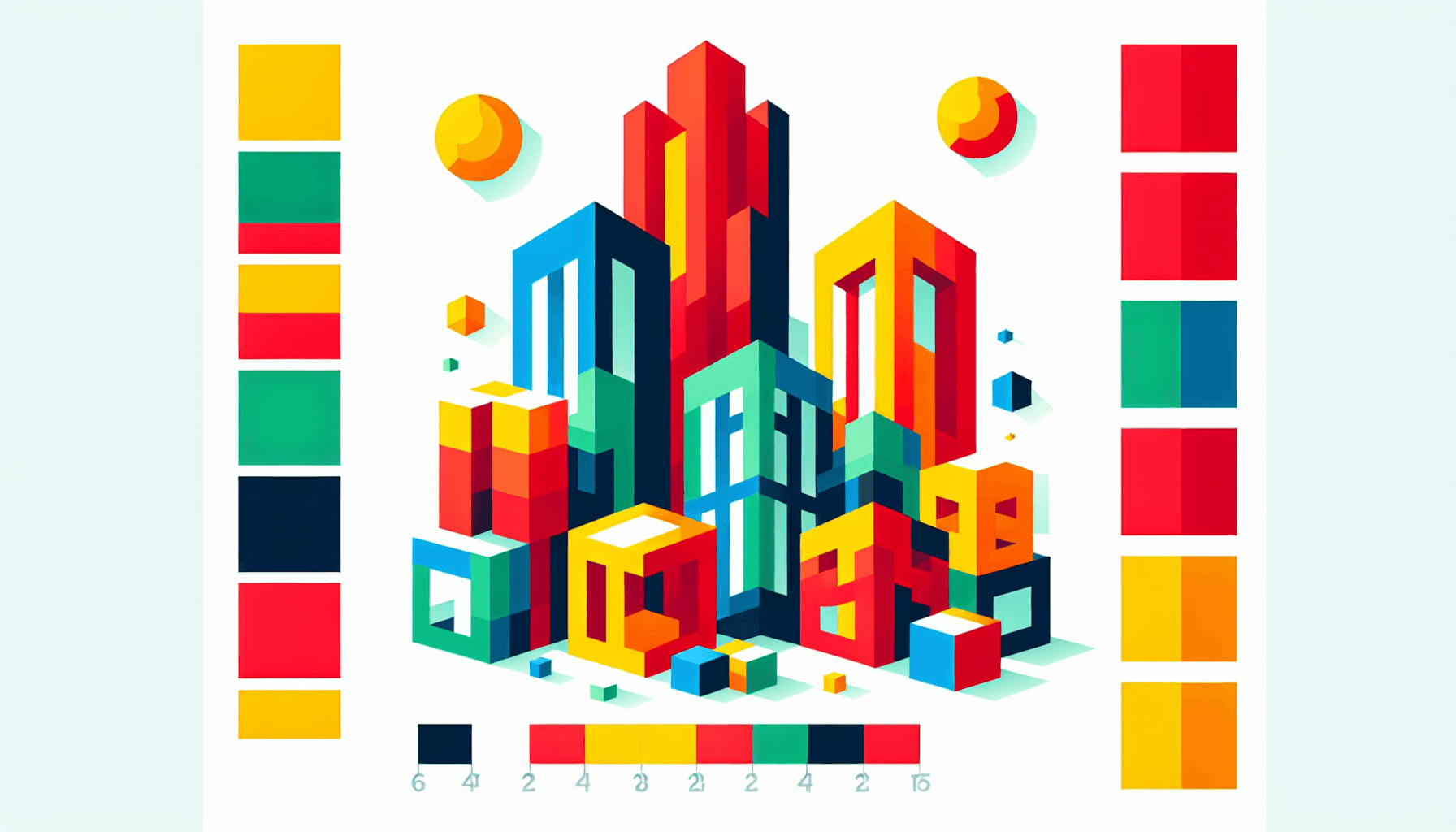 Building blocks in flat illustration style and white background, red #f47574, green #88c7a8, yellow #fcc44b, and blue #645bc8 colors.