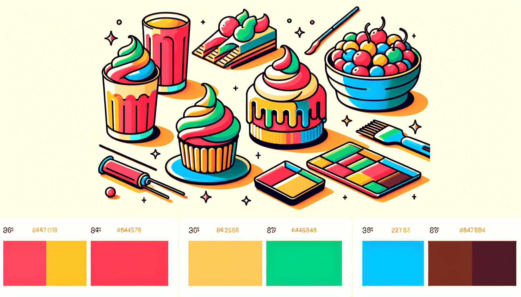 Icing in flat illustration style and white background, red #f47574, green #88c7a8, yellow #fcc44b, and blue #645bc8 colors.