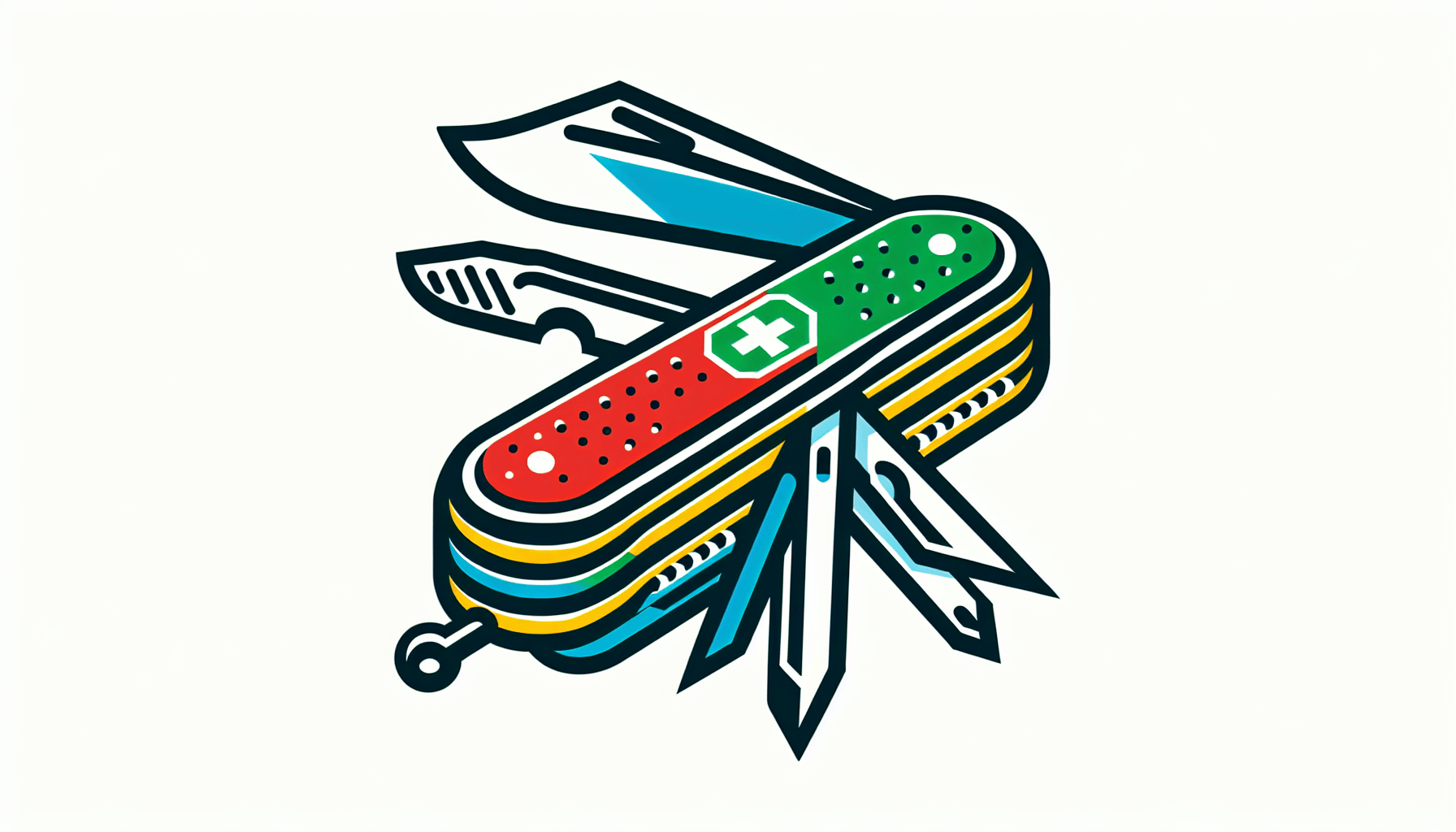 Swiss army knife in flat illustration style and white background, red #f47574, green #88c7a8, yellow #fcc44b, and blue #645bc8 colors.