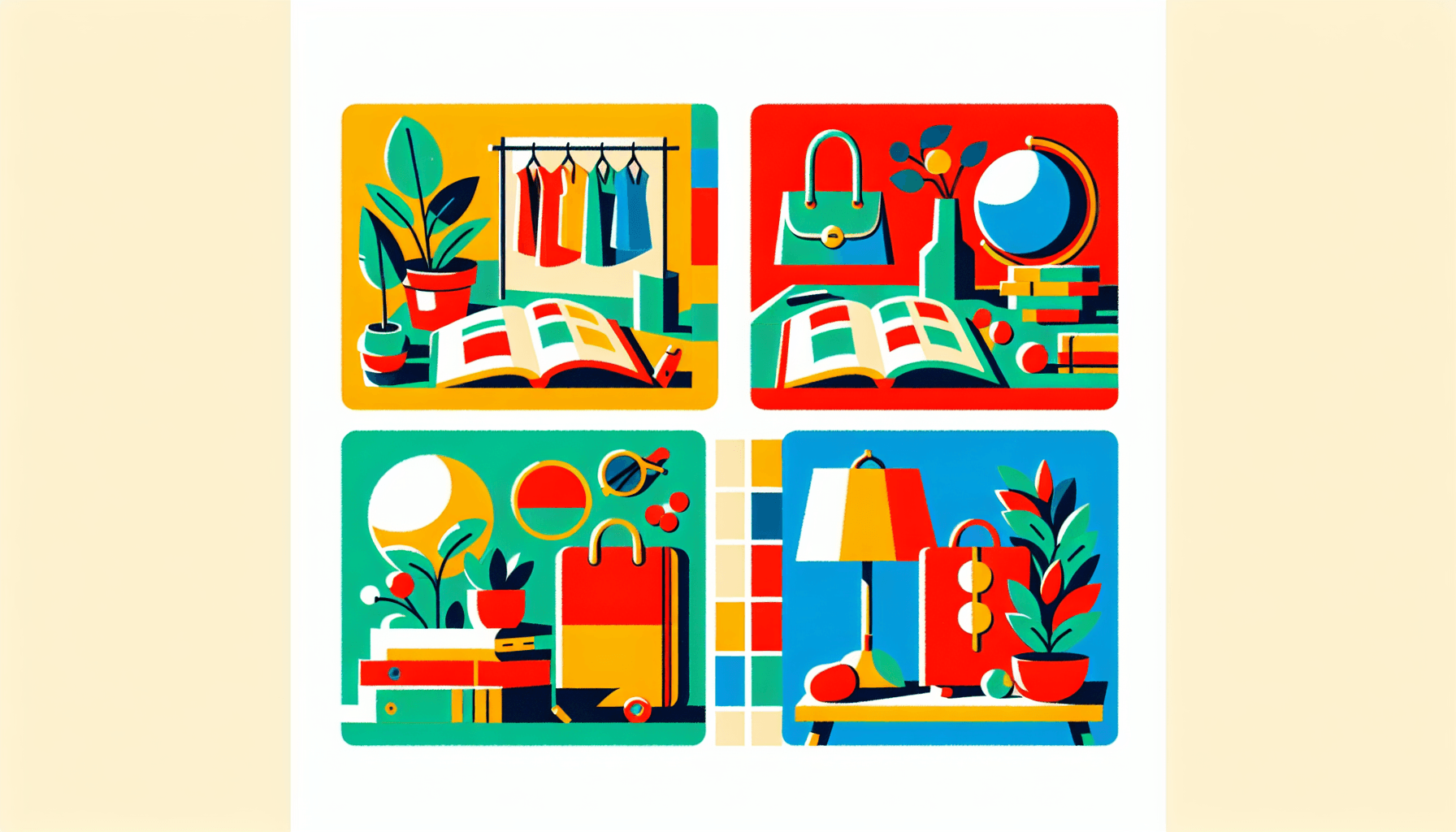 Catalogue in flat illustration style and white background, red #f47574, green #88c7a8, yellow #fcc44b, and blue #645bc8 colors.