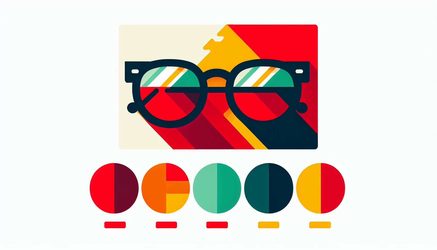 Sunglasses in flat illustration style and white background, red #f47574, green #88c7a8, yellow #fcc44b, and blue #645bc8 colors.
