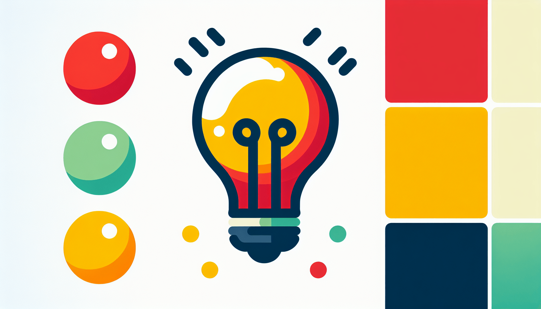 Lightbulb in flat illustration style and white background, red #f47574, green #88c7a8, yellow #fcc44b, and blue #645bc8 colors.