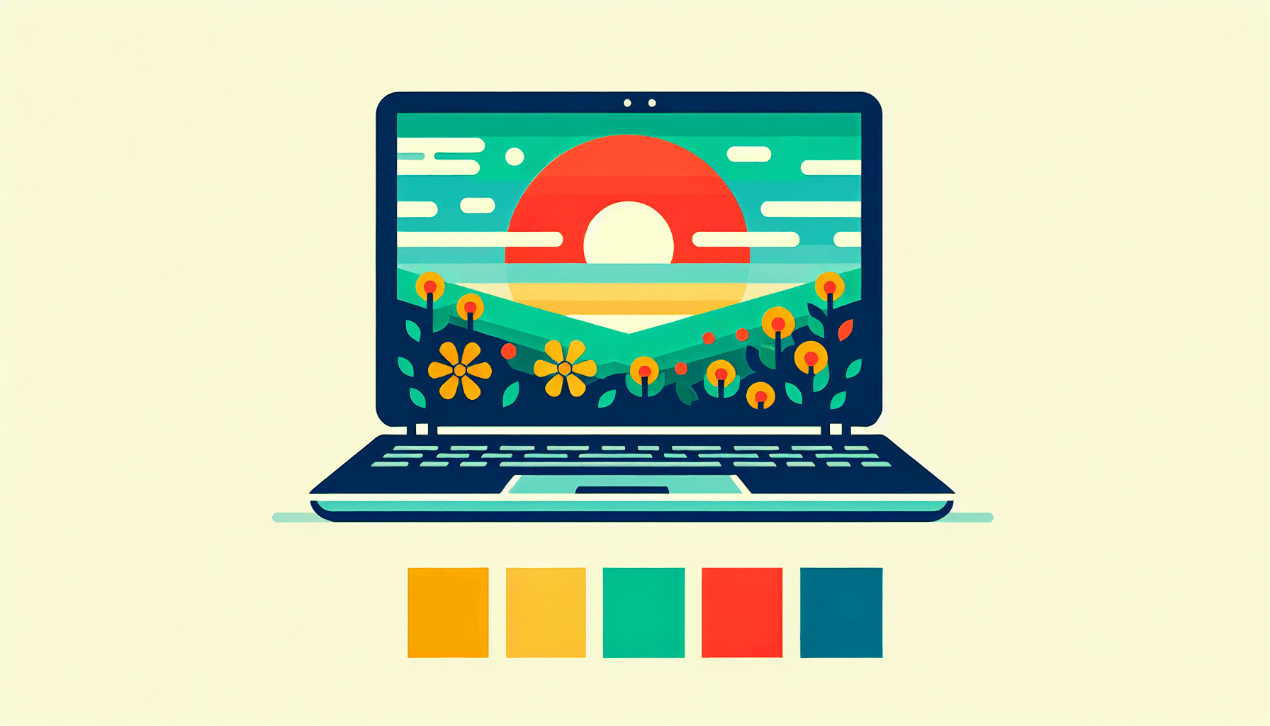 Laptop in flat illustration style and white background, red #f47574, green #88c7a8, yellow #fcc44b, and blue #645bc8 colors.