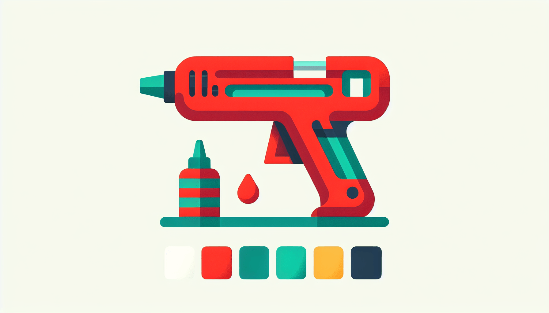 Glue gun in flat illustration style and white background, red #f47574, green #88c7a8, yellow #fcc44b, and blue #645bc8 colors.