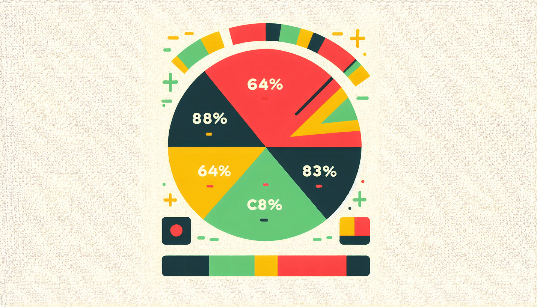 Pie chart in flat illustration style and white background, red #f47574, green #88c7a8, yellow #fcc44b, and blue #645bc8 colors.
