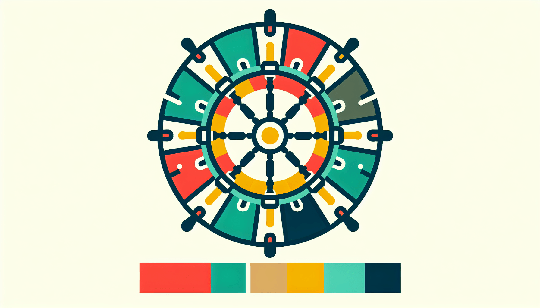 Ship's wheel in flat illustration style and white background, red #f47574, green #88c7a8, yellow #fcc44b, and blue #645bc8 colors.