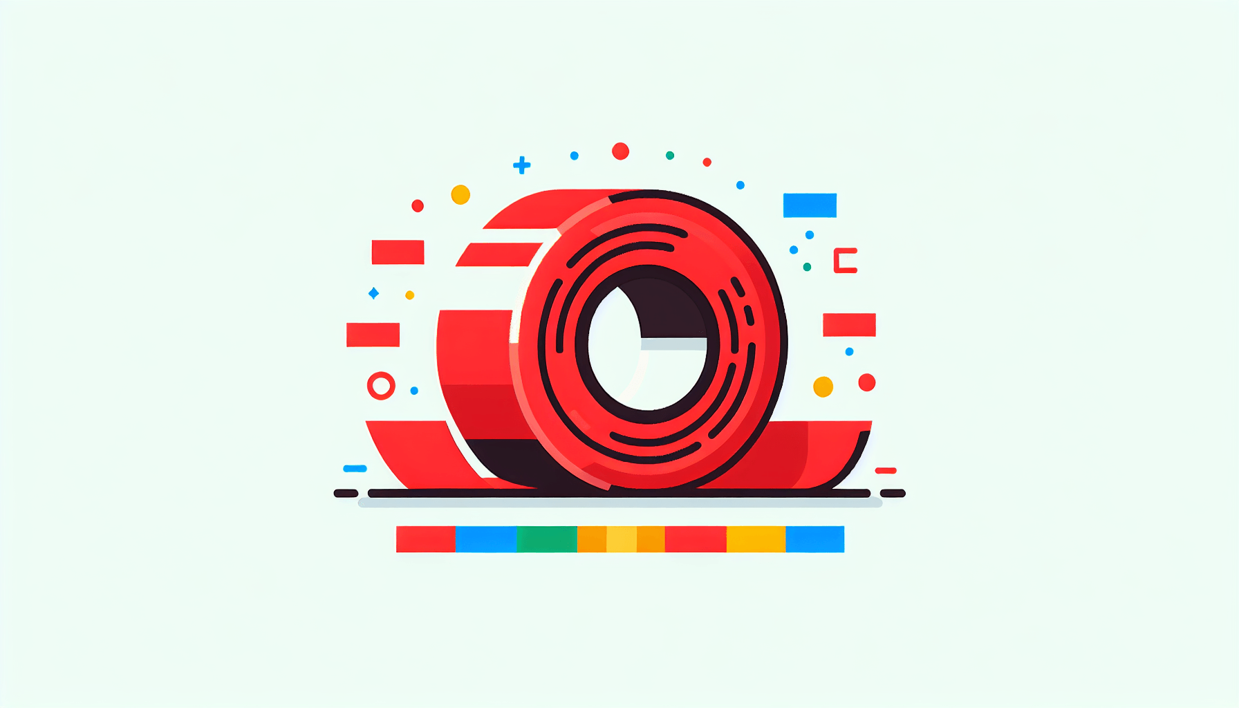 Red tape in flat illustration style and white background, red #f47574, green #88c7a8, yellow #fcc44b, and blue #645bc8 colors.