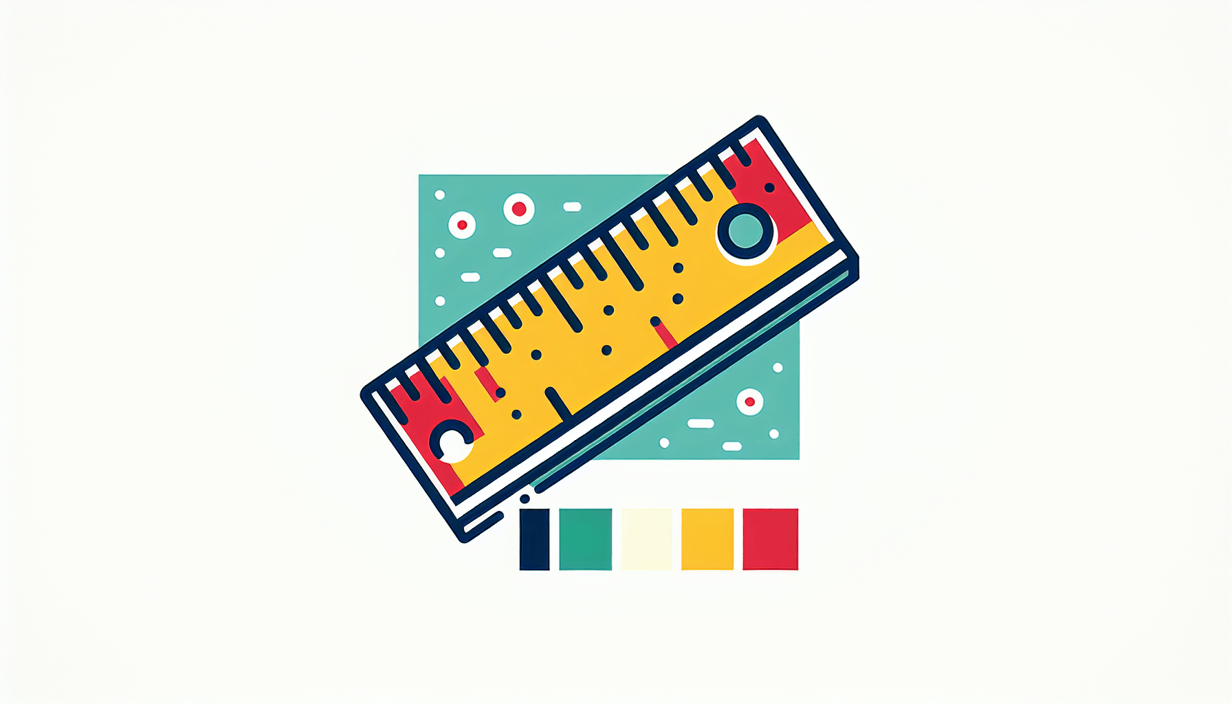Ruler in flat illustration style and white background, red #f47574, green #88c7a8, yellow #fcc44b, and blue #645bc8 colors.