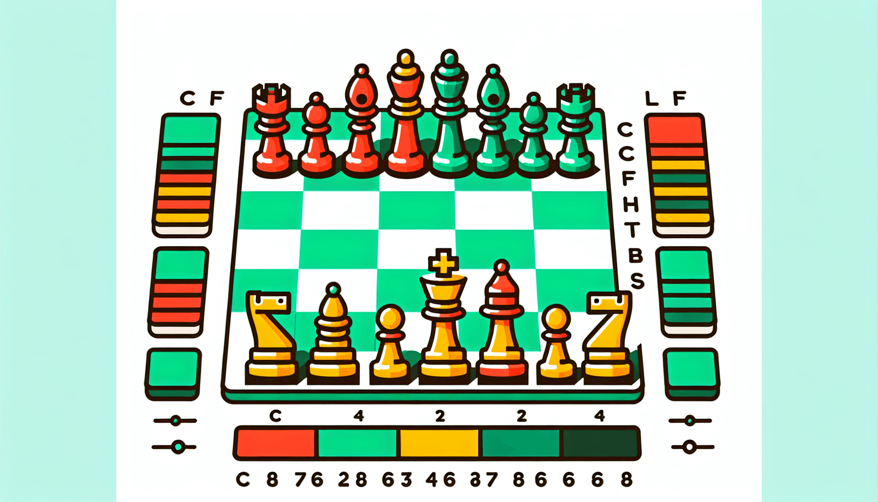 Chessboard in flat illustration style and white background, red #f47574, green #88c7a8, yellow #fcc44b, and blue #645bc8 colors.