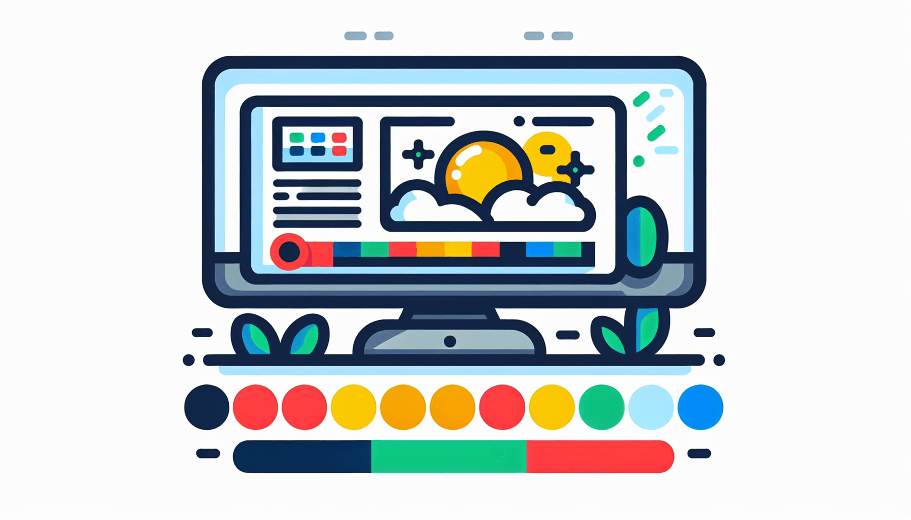 Computer in flat illustration style and white background, red #f47574, green #88c7a8, yellow #fcc44b, and blue #645bc8 colors.