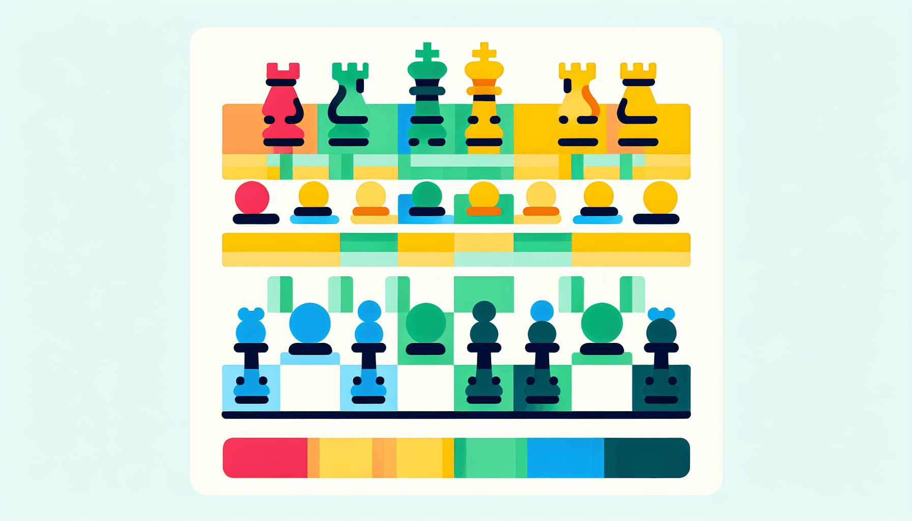 Chessboard in flat illustration style and white background, red #f47574, green #88c7a8, yellow #fcc44b, and blue #645bc8 colors.