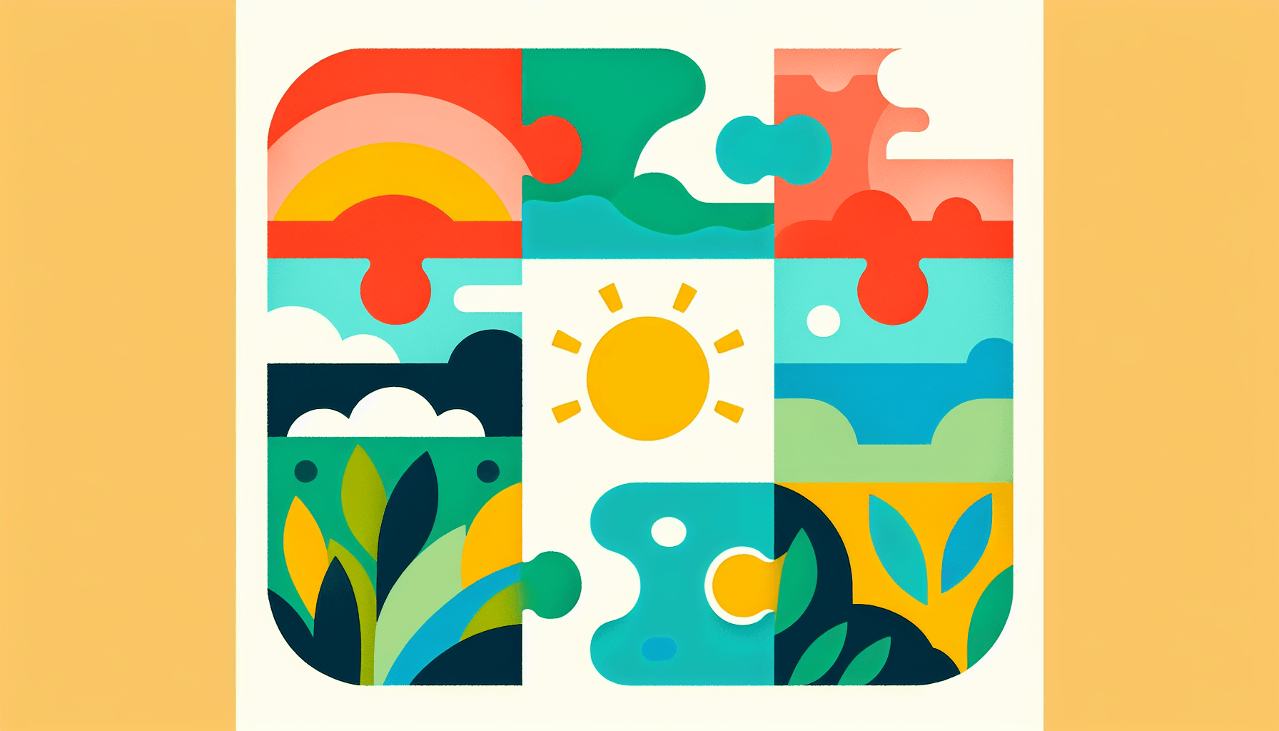 Puzzle in flat illustration style and white background, red #f47574, green #88c7a8, yellow #fcc44b, and blue #645bc8 colors.