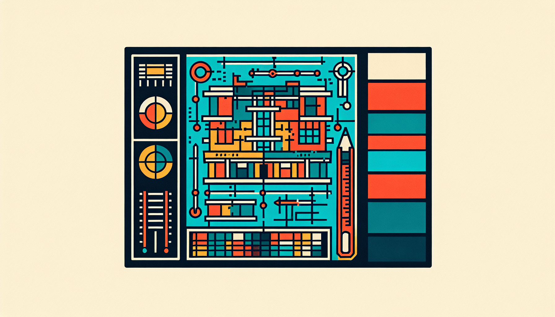 Blueprint in flat illustration style and white background, red #f47574, green #88c7a8, yellow #fcc44b, and blue #645bc8 colors.