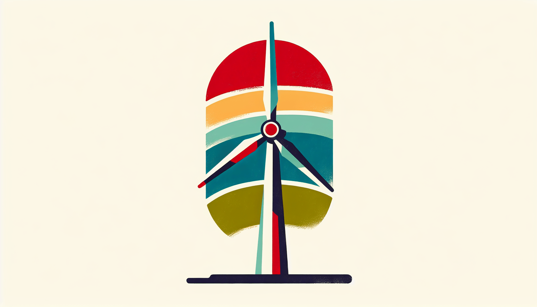 Wind turbine in flat illustration style and white background, red #f47574, green #88c7a8, yellow #fcc44b, and blue #645bc8 colors.