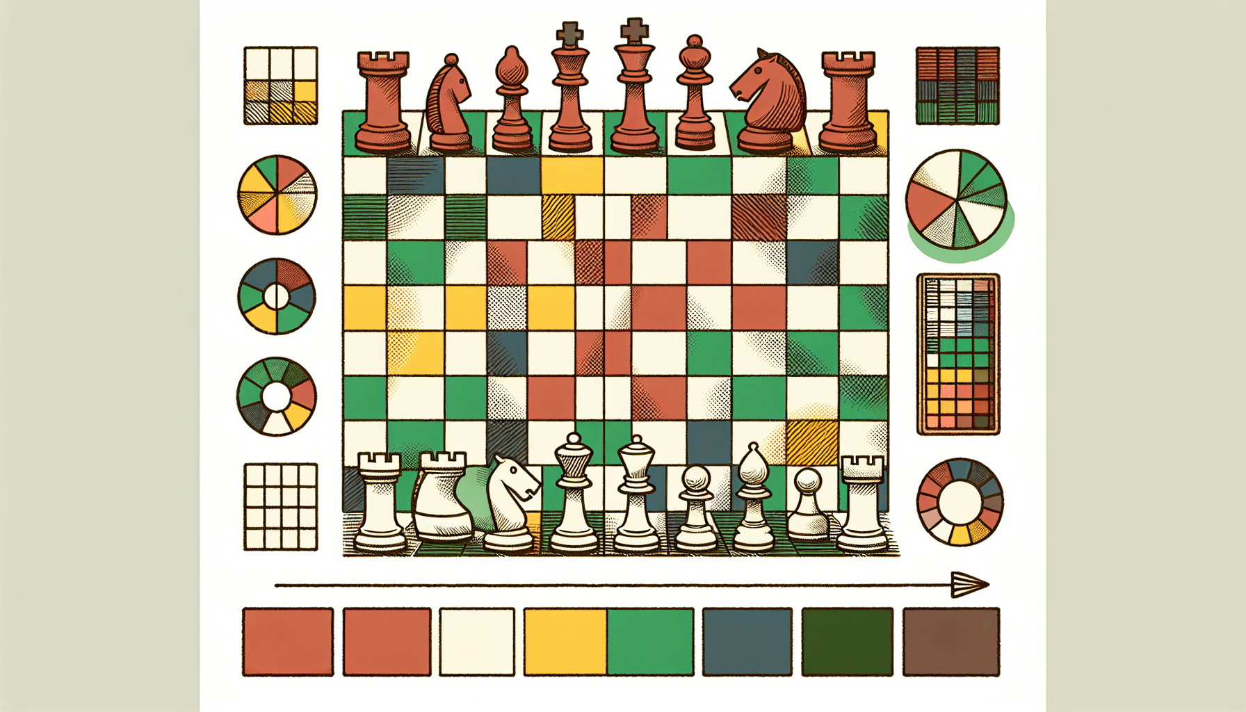 Chessboard in flat illustration style and white background, red #f47574, green #88c7a8, yellow #fcc44b, and blue #645bc8 colors.