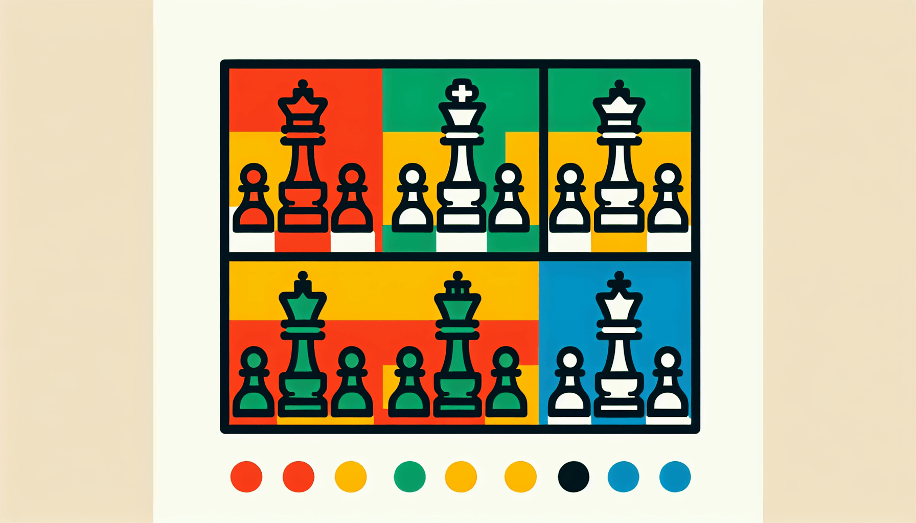 Chess board in flat illustration style and white background, red #f47574, green #88c7a8, yellow #fcc44b, and blue #645bc8 colors.
