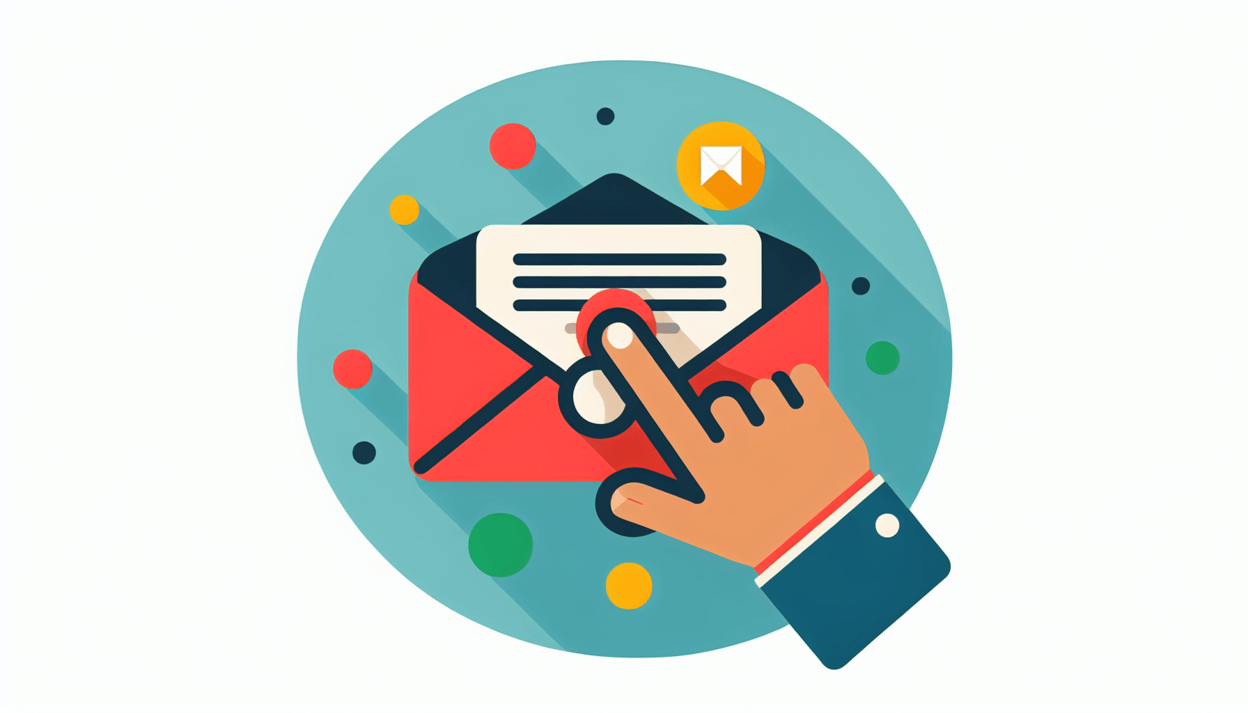 Autoresponder in flat illustration style and white background, red #f47574, green #88c7a8, yellow #fcc44b, and blue #645bc8 colors.