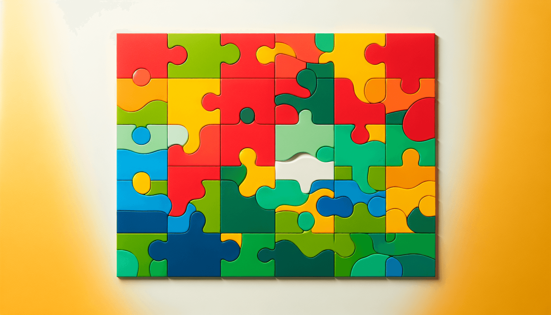 Puzzle in flat illustration style and white background, red #f47574, green #88c7a8, yellow #fcc44b, and blue #645bc8 colors.