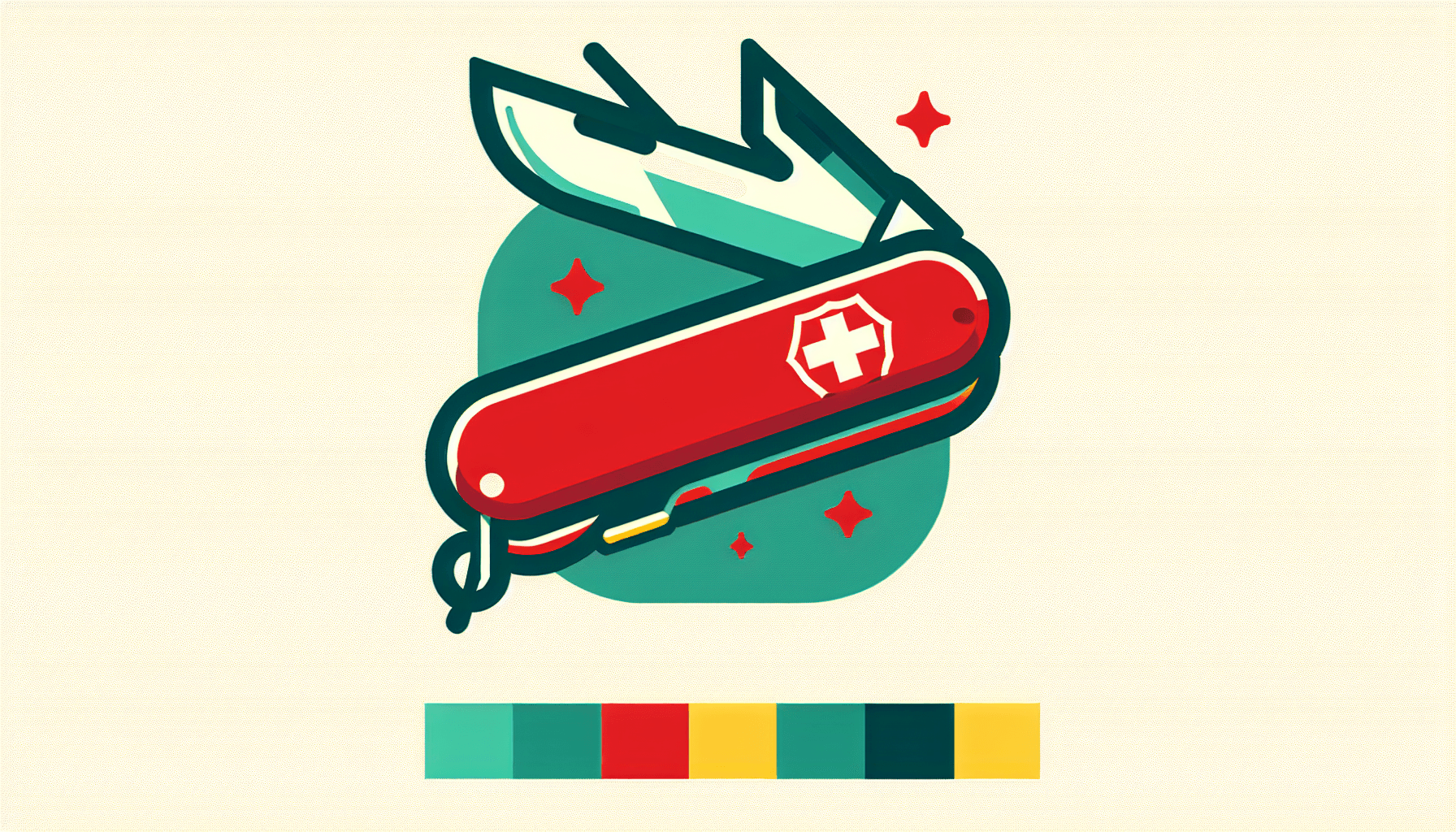 Swiss army knife in flat illustration style and white background, red #f47574, green #88c7a8, yellow #fcc44b, and blue #645bc8 colors.