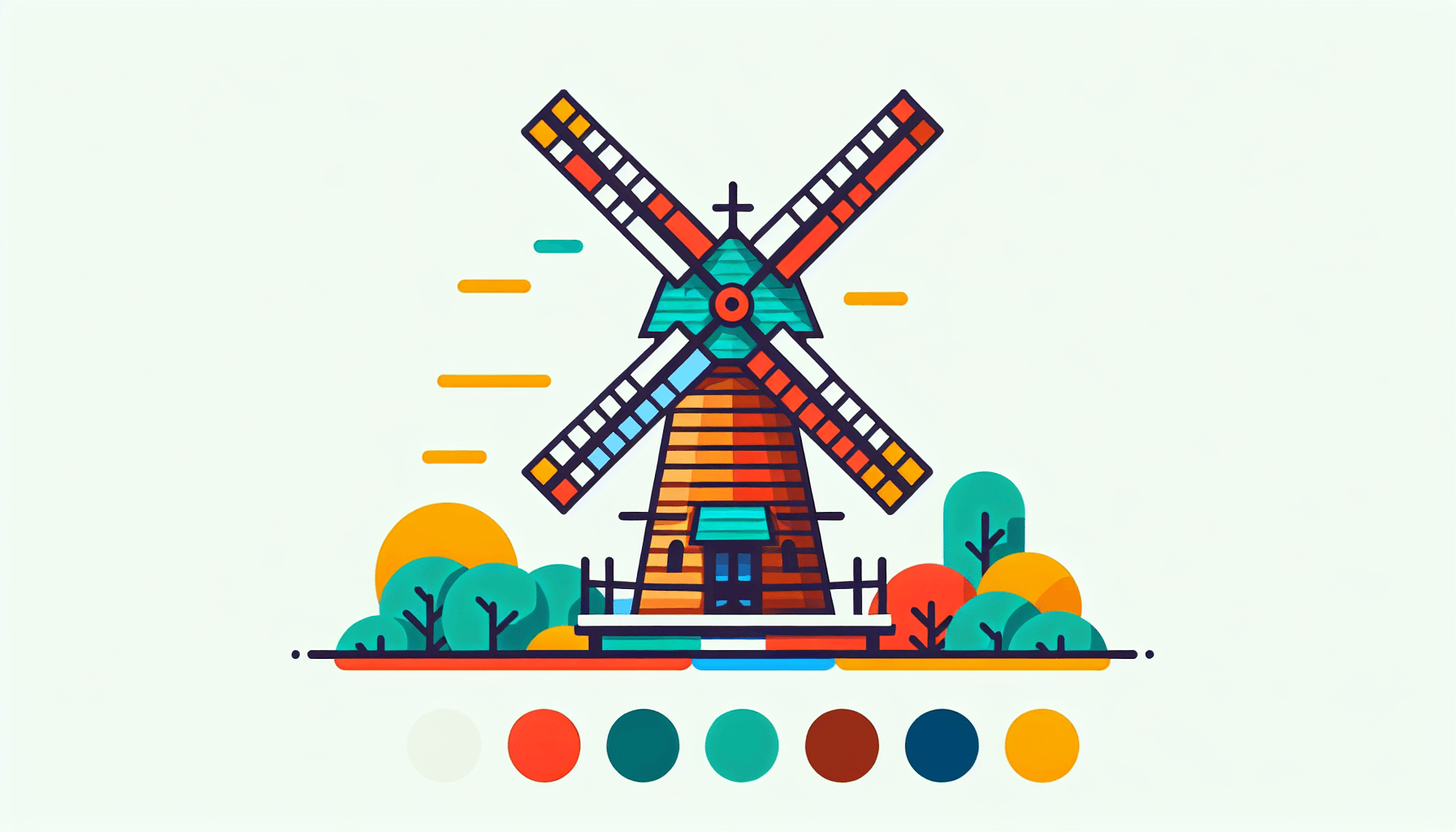 Windmill in flat illustration style and white background, red #f47574, green #88c7a8, yellow #fcc44b, and blue #645bc8 colors.