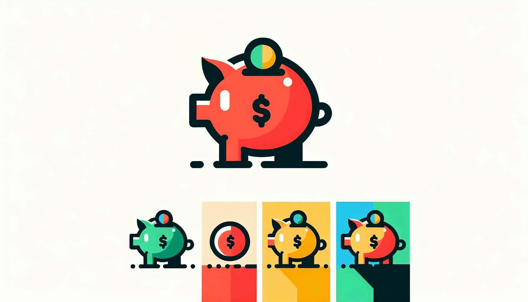 Piggy bank in flat illustration style and white background, red #f47574, green #88c7a8, yellow #fcc44b, and blue #645bc8 colors.
