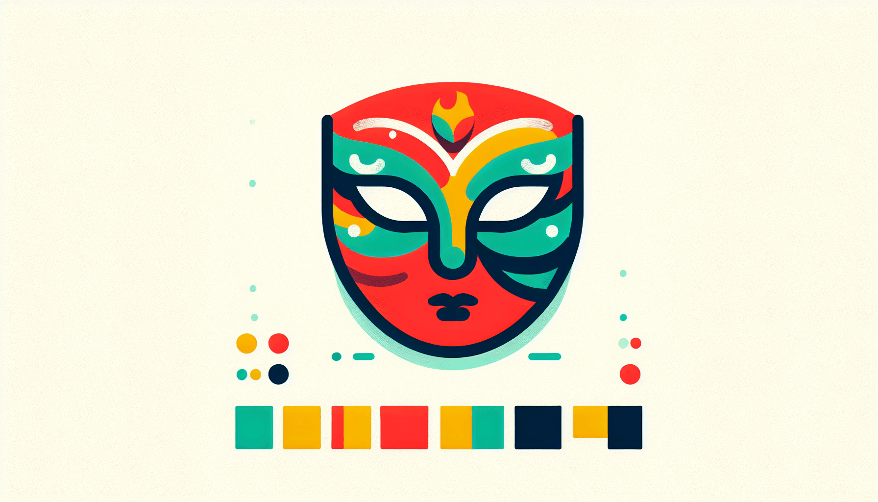 Mask in flat illustration style and white background, red #f47574, green #88c7a8, yellow #fcc44b, and blue #645bc8 colors.