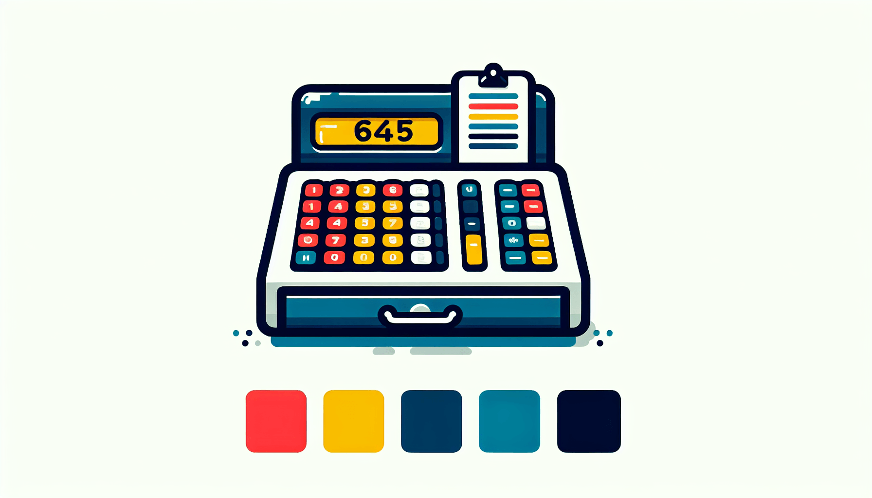 Cash register in flat illustration style and white background, red #f47574, green #88c7a8, yellow #fcc44b, and blue #645bc8 colors.