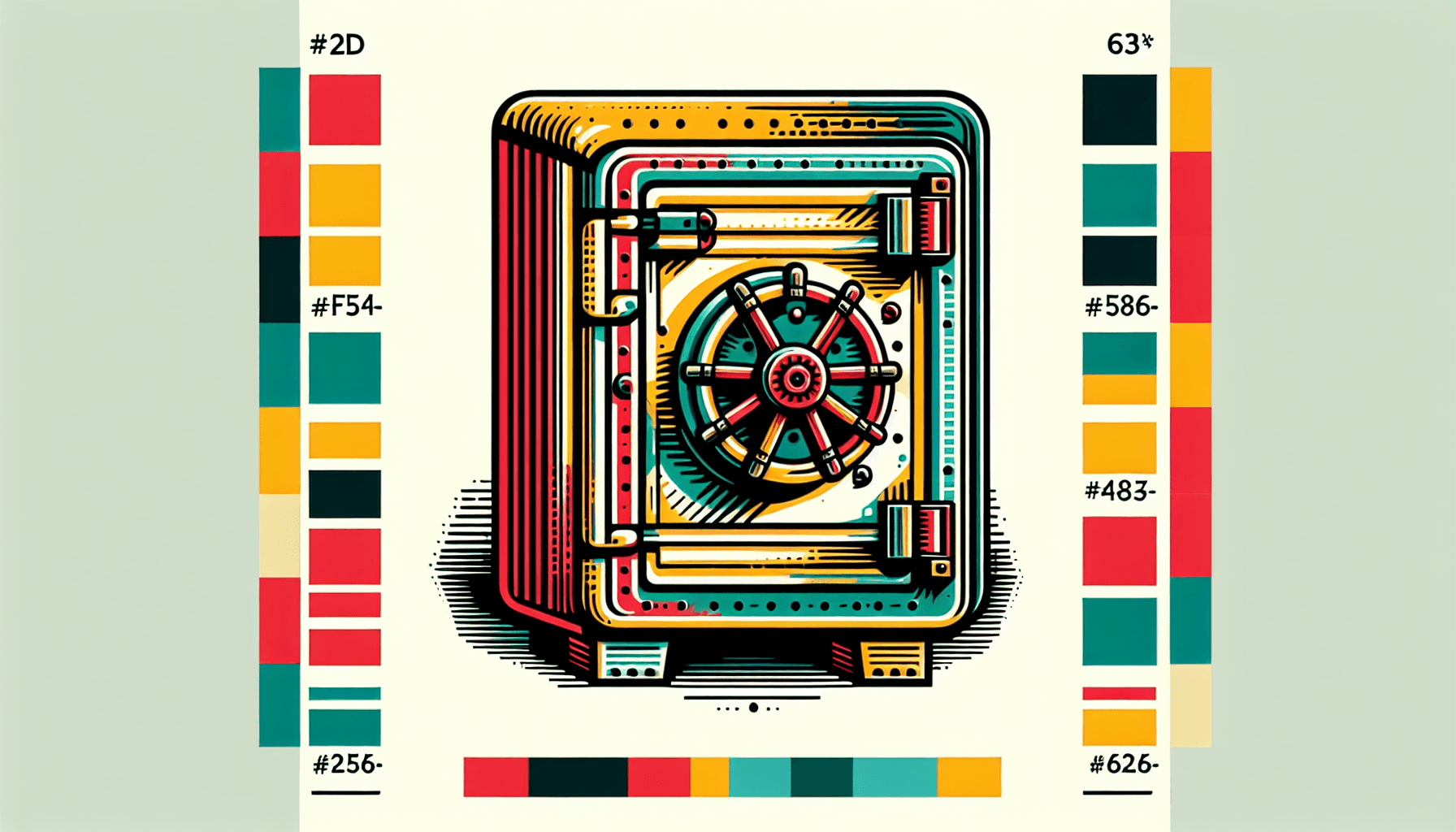 Safe box in flat illustration style and white background, red #f47574, green #88c7a8, yellow #fcc44b, and blue #645bc8 colors.