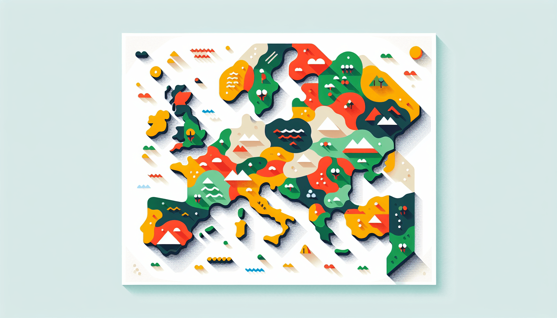 Map in flat illustration style and white background, red #f47574, green #88c7a8, yellow #fcc44b, and blue #645bc8 colors.