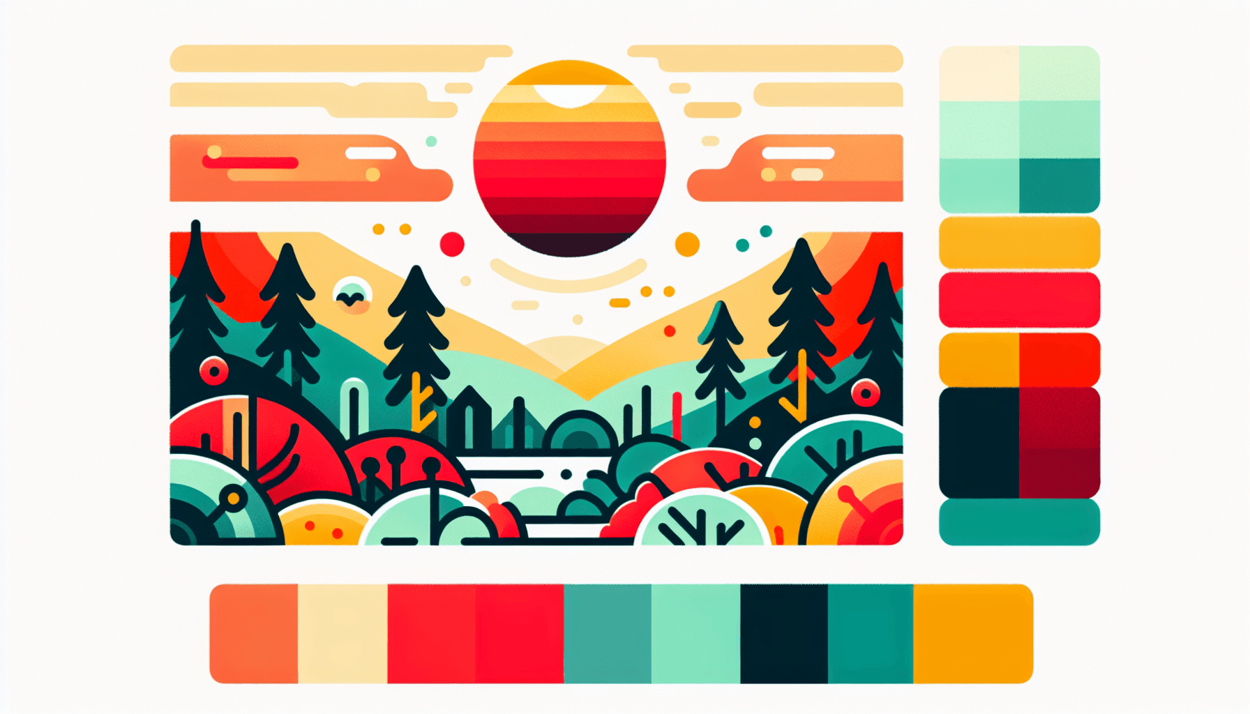 Framework in flat illustration style and white background, red #f47574, green #88c7a8, yellow #fcc44b, and blue #645bc8 colors.