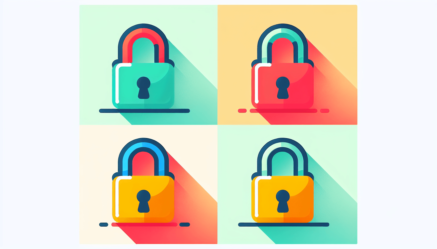 Padlock in flat illustration style and white background, red #f47574, green #88c7a8, yellow #fcc44b, and blue #645bc8 colors.