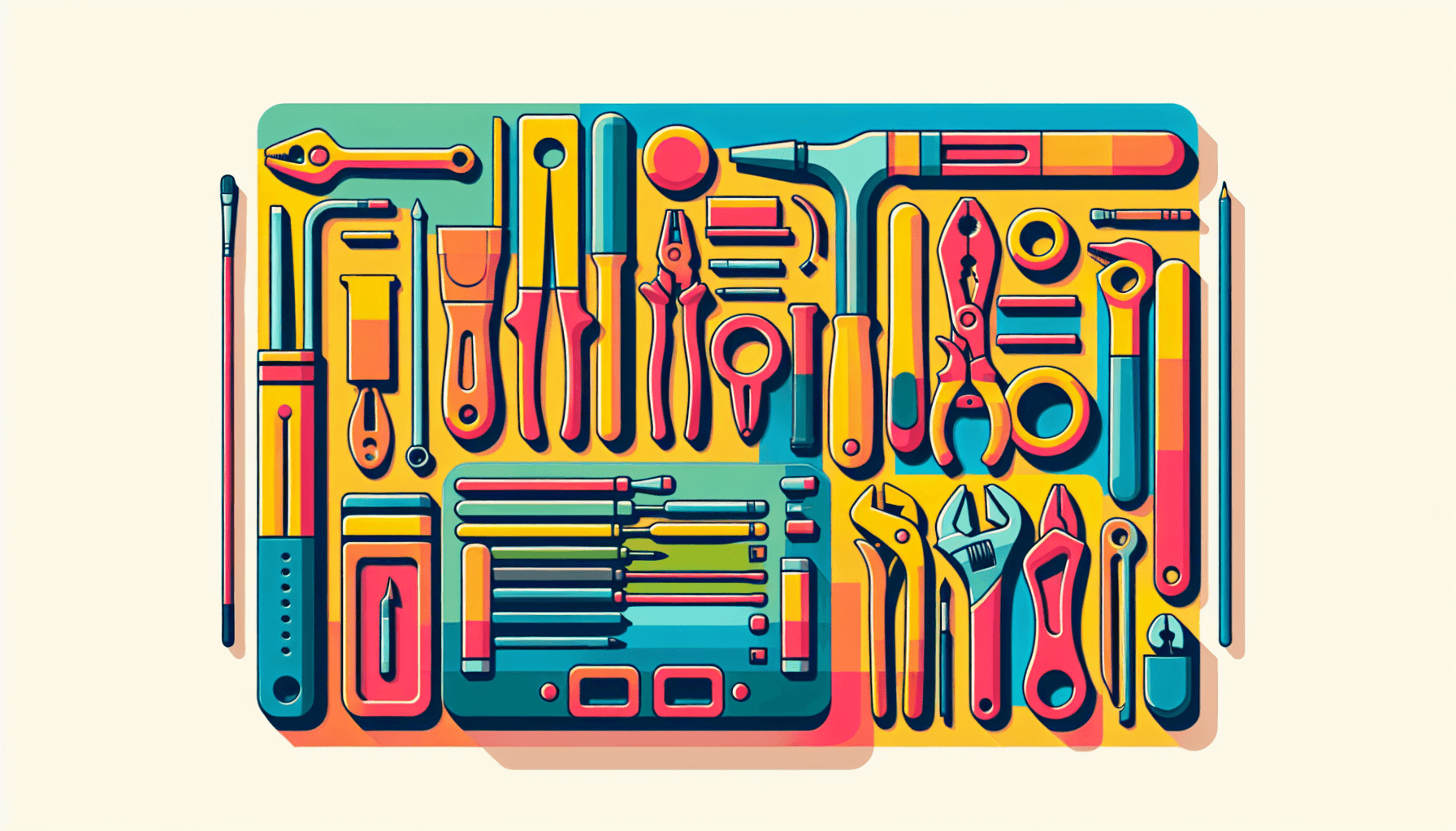 Toolkit in flat illustration style and white background, red #f47574, green #88c7a8, yellow #fcc44b, and blue #645bc8 colors.