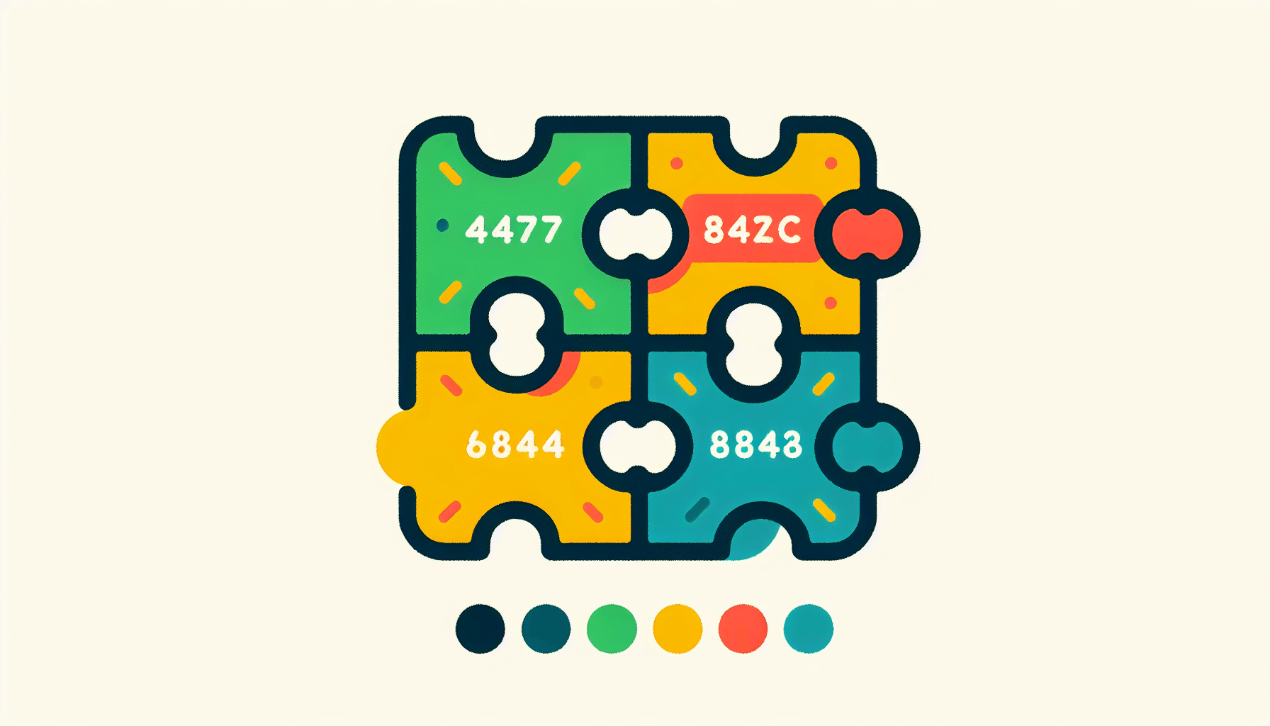 Puzzle in flat illustration style and white background, red #f47574, green #88c7a8, yellow #fcc44b, and blue #645bc8 colors.
