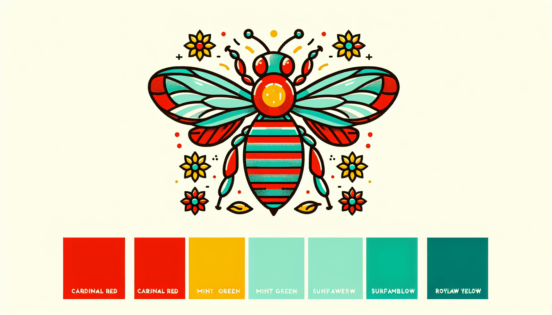 Honeybee in flat illustration style and white background, red #f47574, green #88c7a8, yellow #fcc44b, and blue #645bc8 colors.