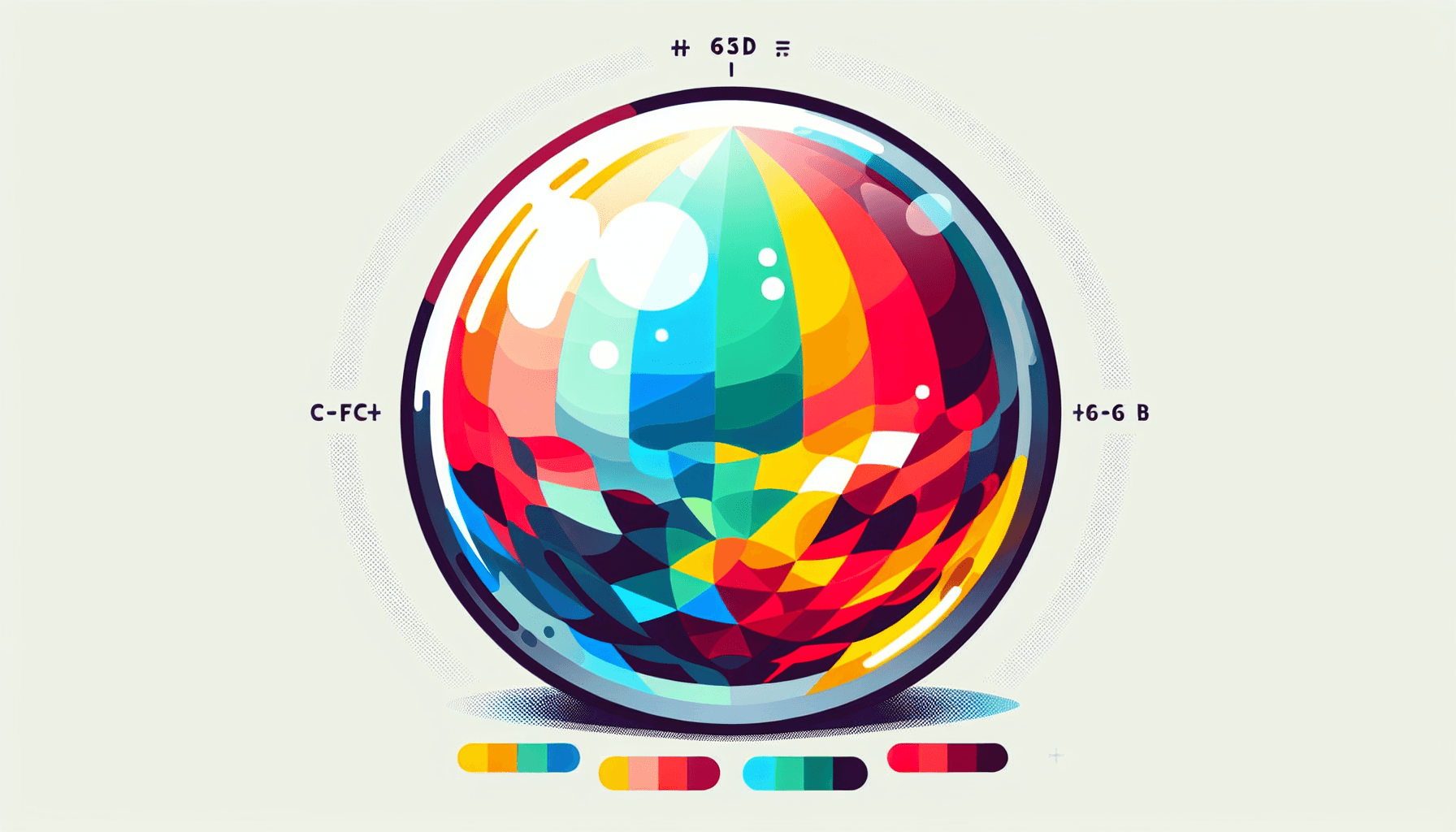 Crystal ball in flat illustration style and white background, red #f47574, green #88c7a8, yellow #fcc44b, and blue #645bc8 colors.