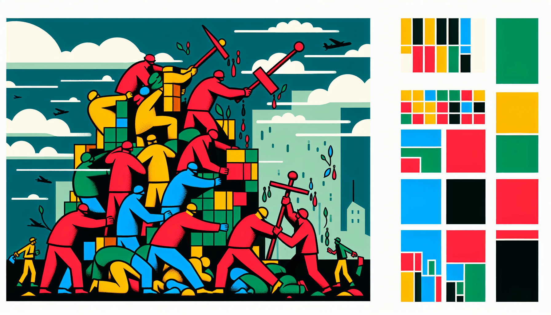 Land grab in flat illustration style and white background, red #f47574, green #88c7a8, yellow #fcc44b, and blue #645bc8 colors.