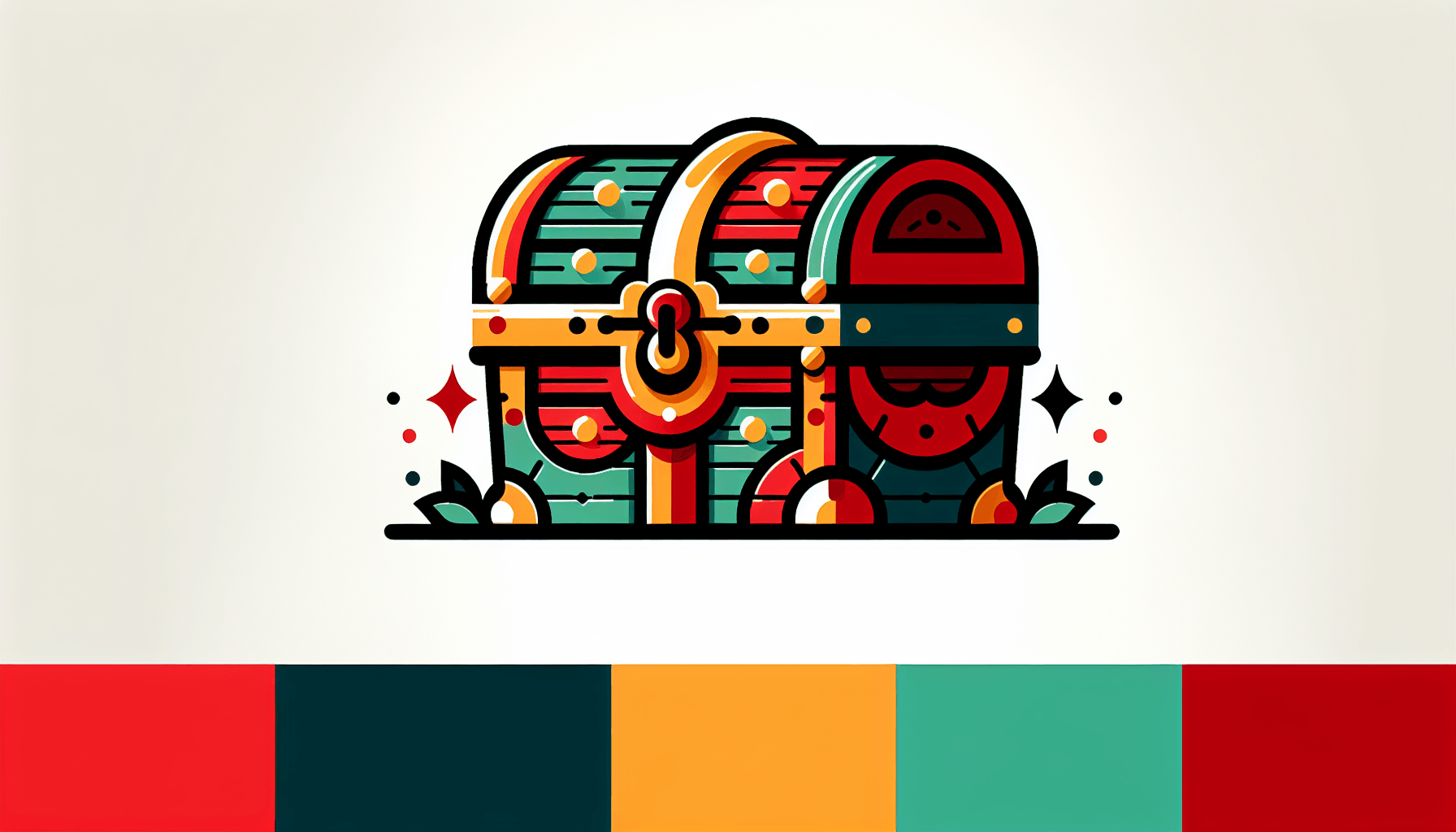 Treasure Chest in flat illustration style and white background, red #f47574, green #88c7a8, yellow #fcc44b, and blue #645bc8 colors.