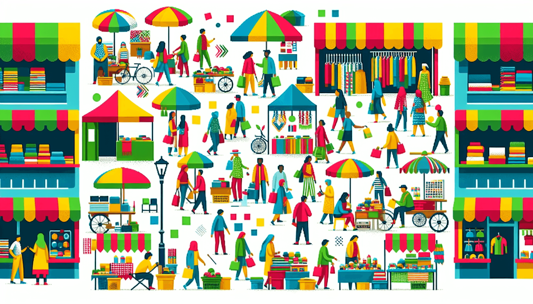 Swap meet in flat illustration style and white background, red #f47574, green #88c7a8, yellow #fcc44b, and blue #645bc8 colors.