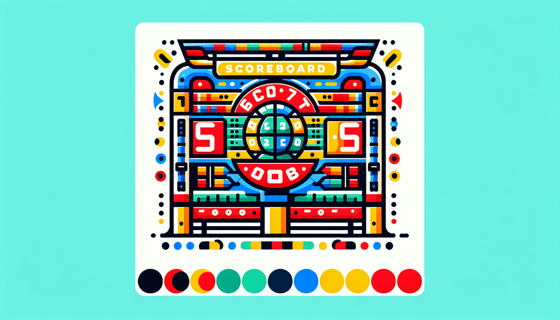 Scoreboard in flat illustration style and white background, red #f47574, green #88c7a8, yellow #fcc44b, and blue #645bc8 colors.
