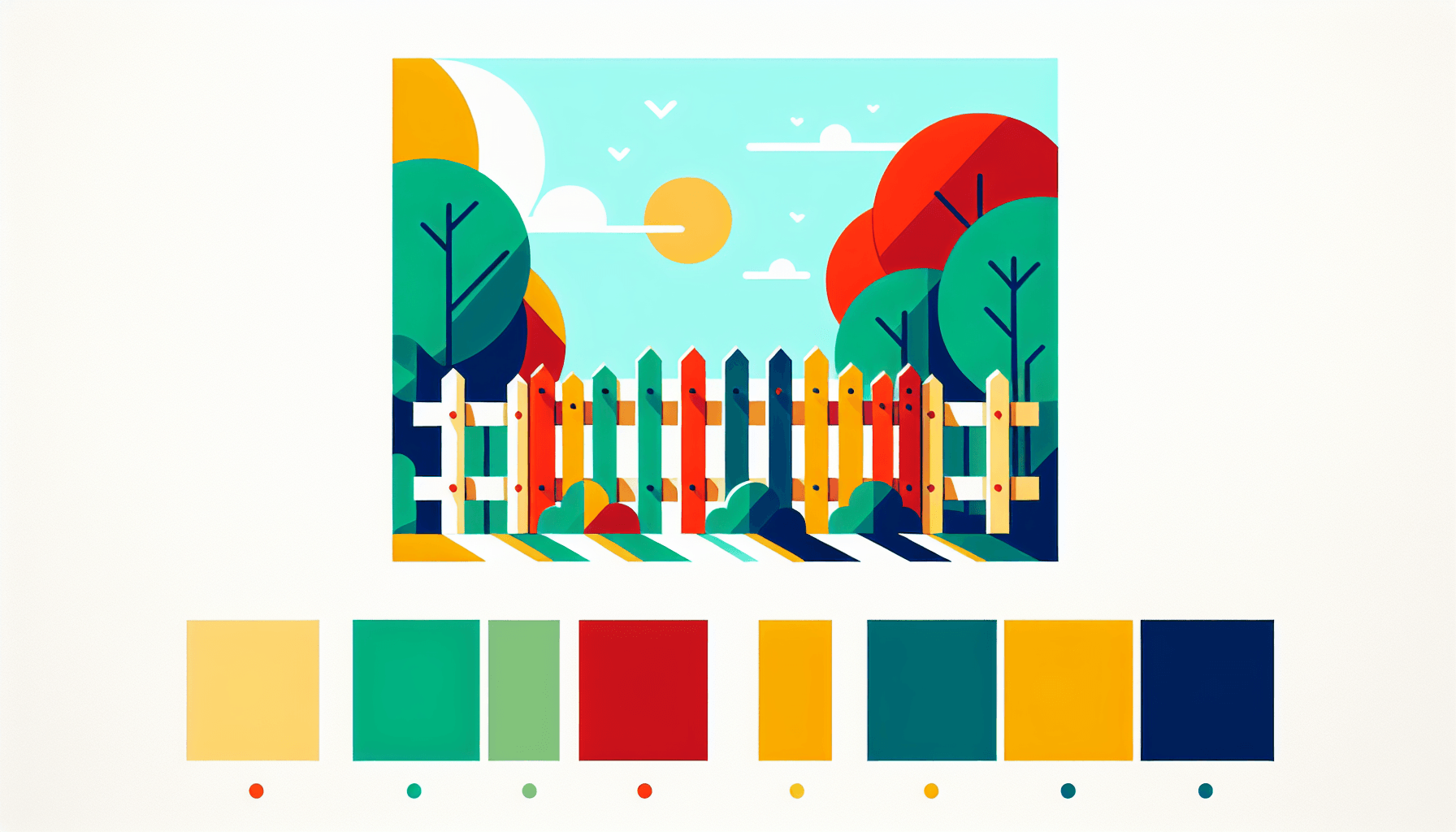 Fence in flat illustration style and white background, red #f47574, green #88c7a8, yellow #fcc44b, and blue #645bc8 colors.
