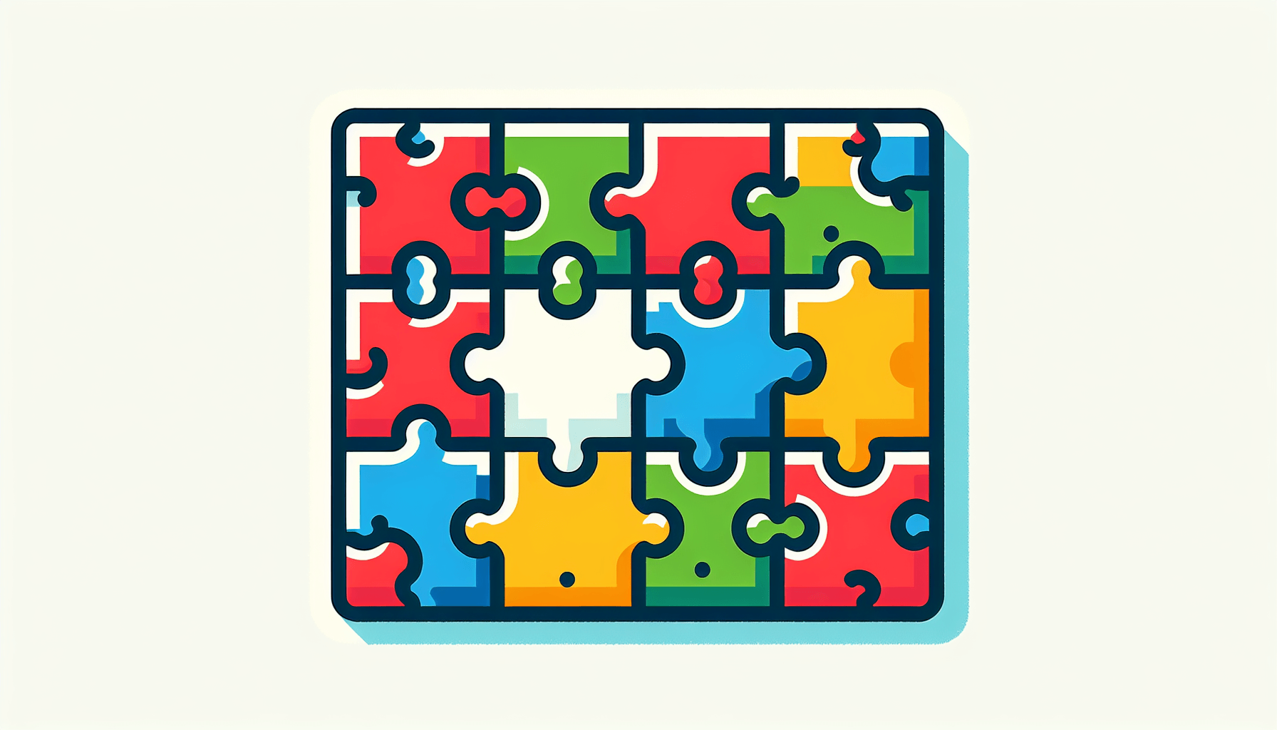 Jigsaw puzzle in flat illustration style and white background, red #f47574, green #88c7a8, yellow #fcc44b, and blue #645bc8 colors.