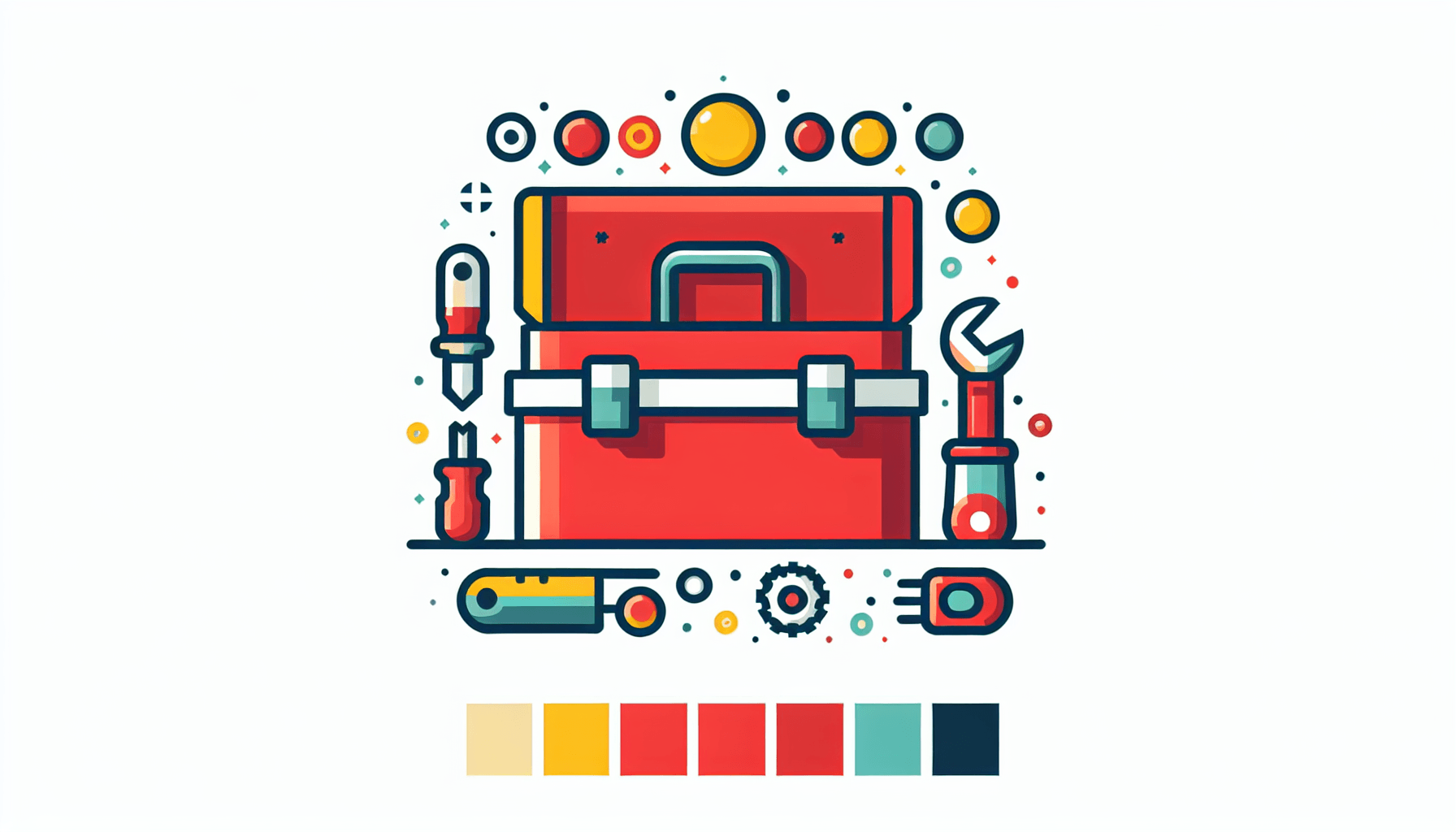 Toolbox in flat illustration style and white background, red #f47574, green #88c7a8, yellow #fcc44b, and blue #645bc8 colors.