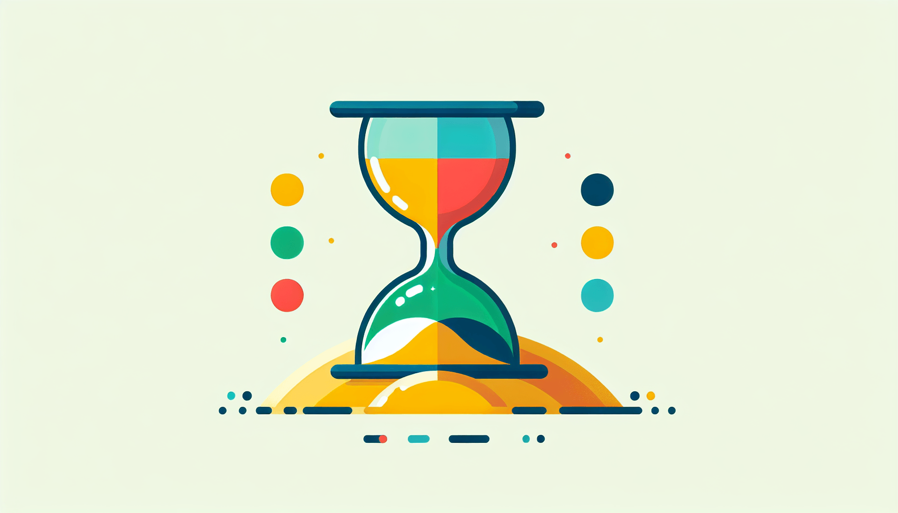 Hourglass in flat illustration style and white background, red #f47574, green #88c7a8, yellow #fcc44b, and blue #645bc8 colors.