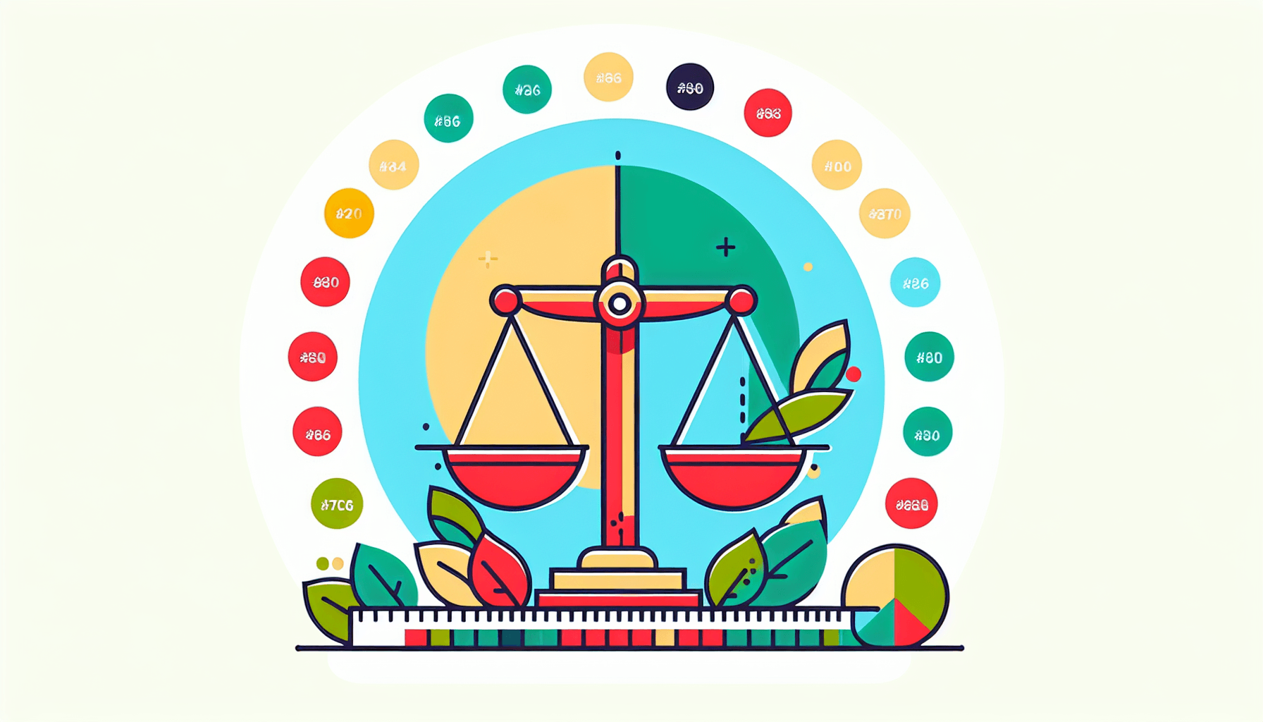 Scales in flat illustration style and white background, red #f47574, green #88c7a8, yellow #fcc44b, and blue #645bc8 colors.