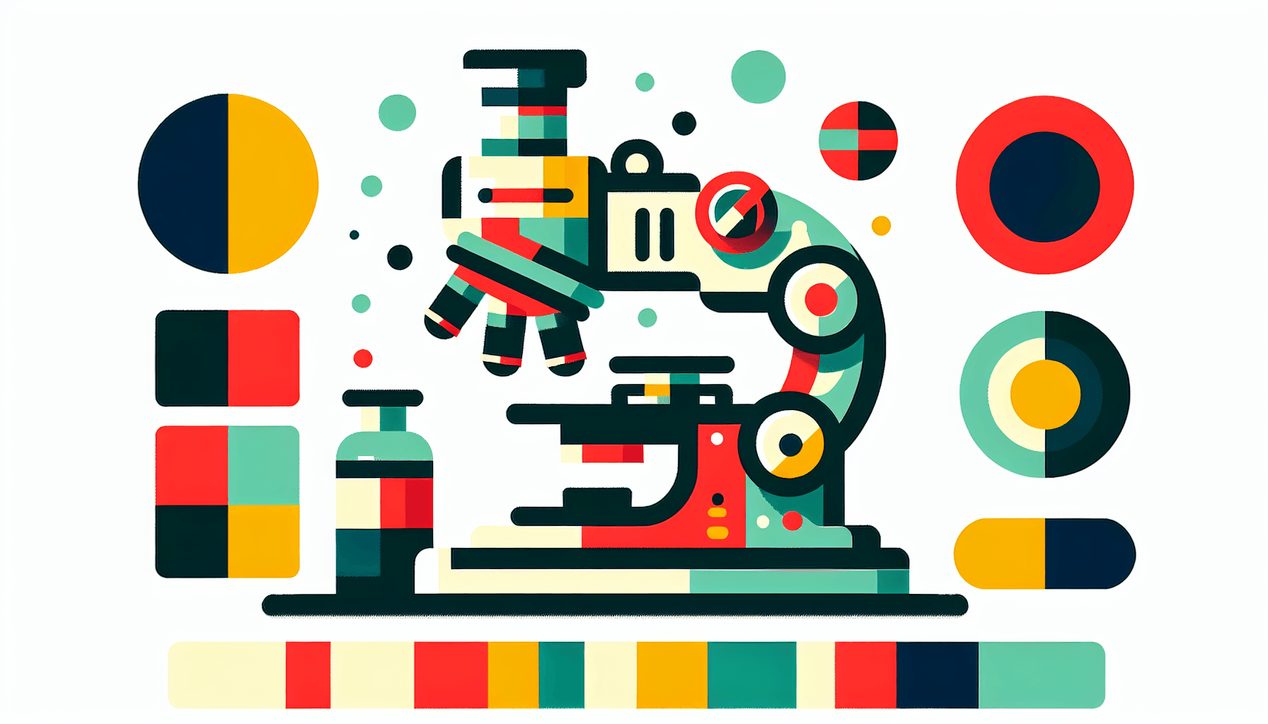 Microscope in flat illustration style and white background, red #f47574, green #88c7a8, yellow #fcc44b, and blue #645bc8 colors.