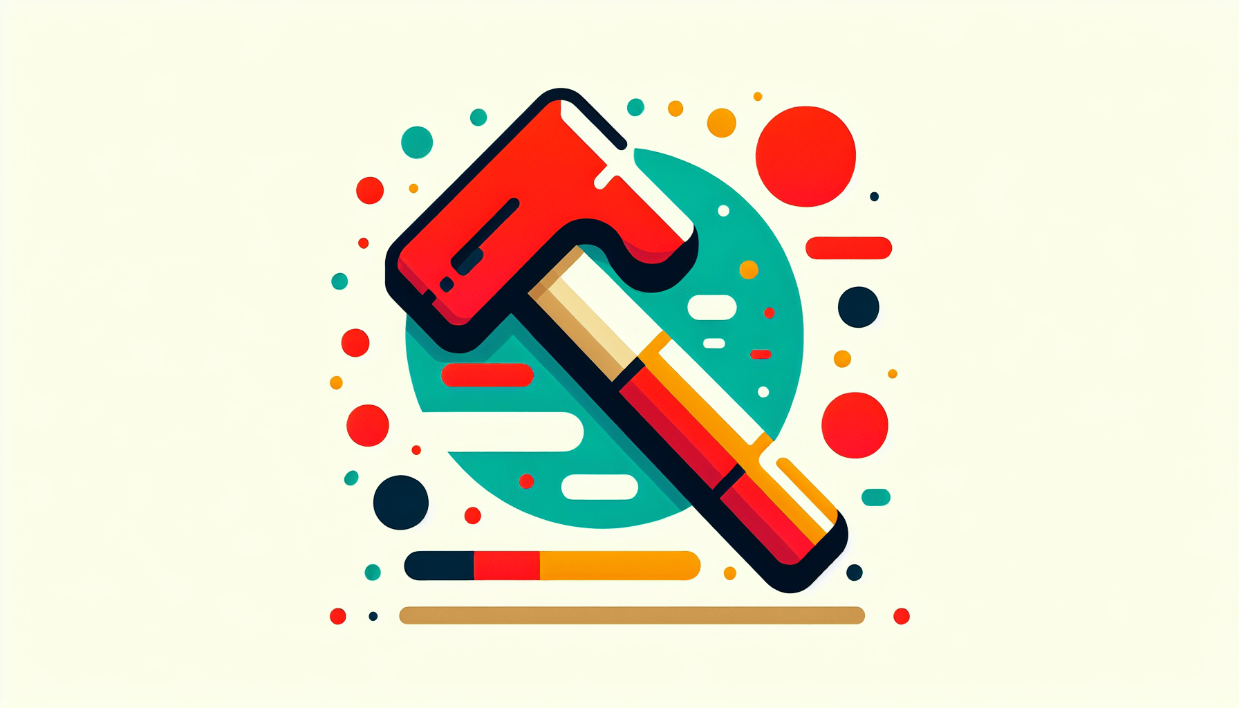 Hammer in flat illustration style and white background, red #f47574, green #88c7a8, yellow #fcc44b, and blue #645bc8 colors.