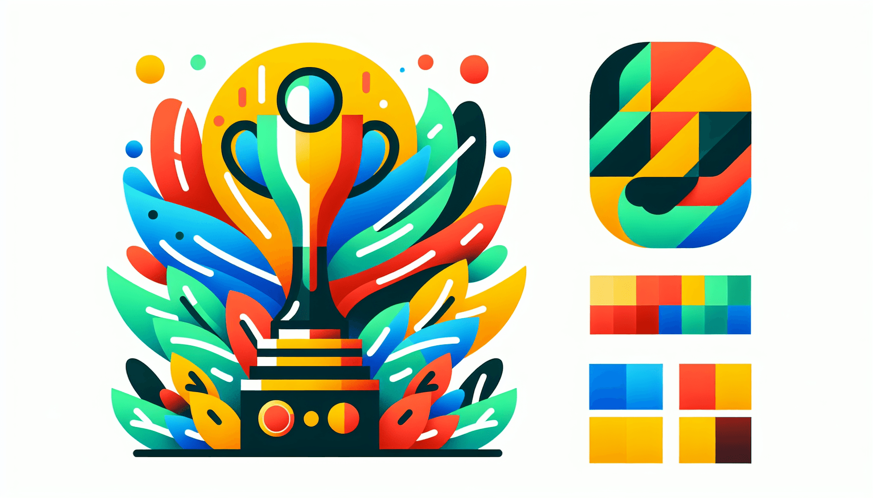 Trophy in flat illustration style and white background, red #f47574, green #88c7a8, yellow #fcc44b, and blue #645bc8 colors.